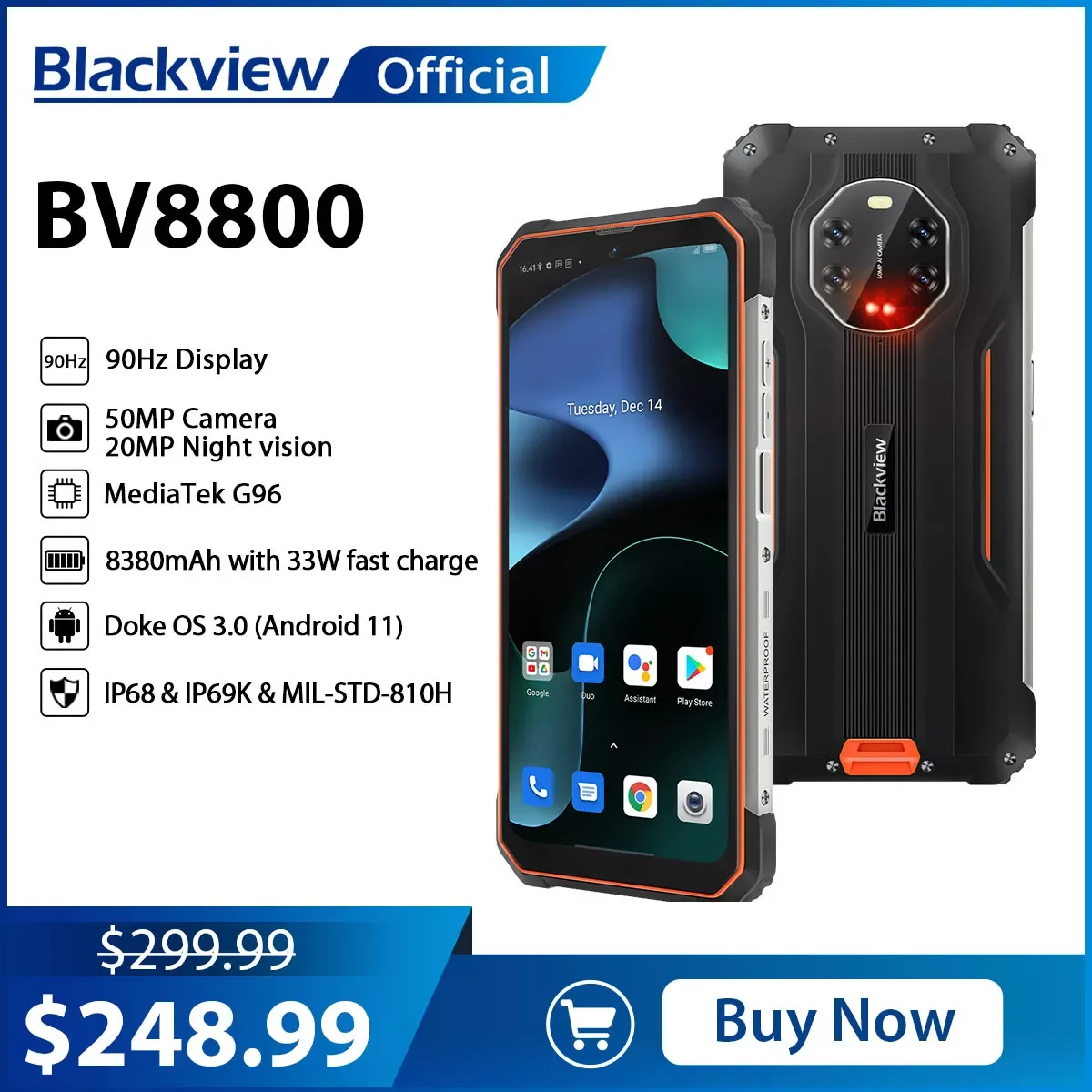 

NEW2023 [In Stock] BLACKVIEW BV8800 Rugged Smartphone 90Hz Display 8GB+128GB Helio G96 8380mAh 50MP Camera Mobile Phone Global