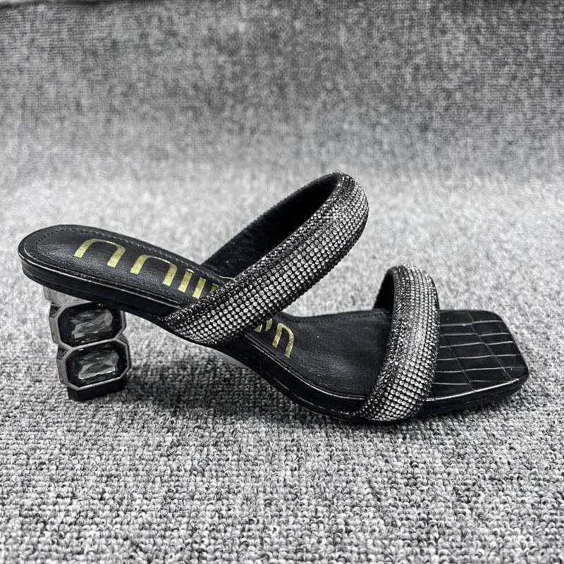 Xibeilove 2023 Summer New Women's Luxury Square Head Rhinestone Crystal High Heel Slippers Sandals Party Wedding Shoes