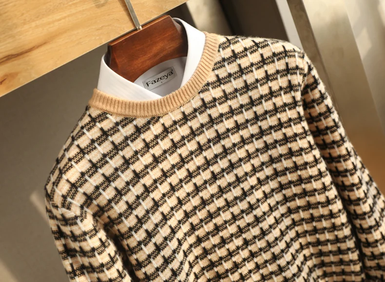 Autumn and Winter Cashmere Sweater Men's Round neck Color Blocking Top 100% Pure Wool Fashion Casual Knitting Thickened Pullover