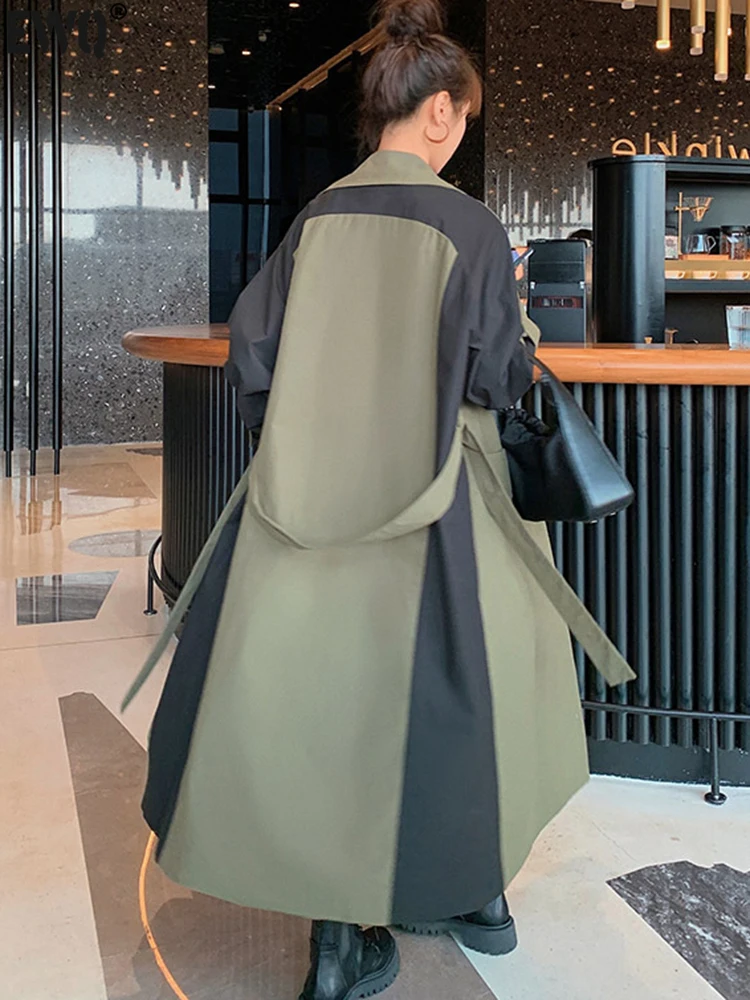 

Винтажная контрастная ветровка [EWQ], новинка весны-осени 2023, тренчкот в стиле пэчворк с длинным рукавом и пряжкой, верхняя одежда