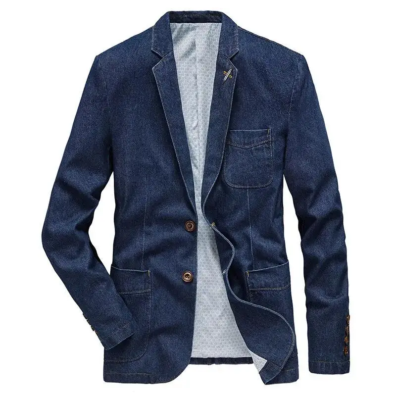 Men Cotton Denim Suit Jacket Single Breasted Pockets Blue Casual Street Spring Autumn Male Outwear Slim Man Cowboy Blazer