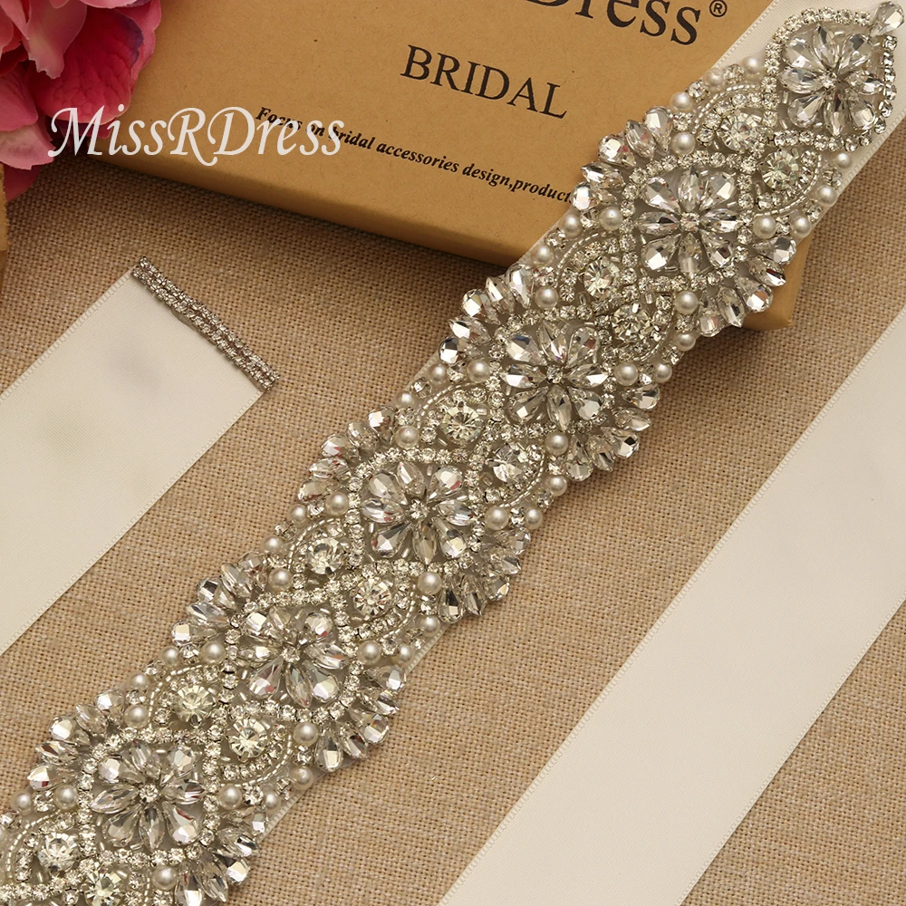 

MissRDress Crystal Wedding Belt Handmade Pearls Bridal Belt Silver Rhinestones Bridal Sash For Wedding Long Dresses JK832