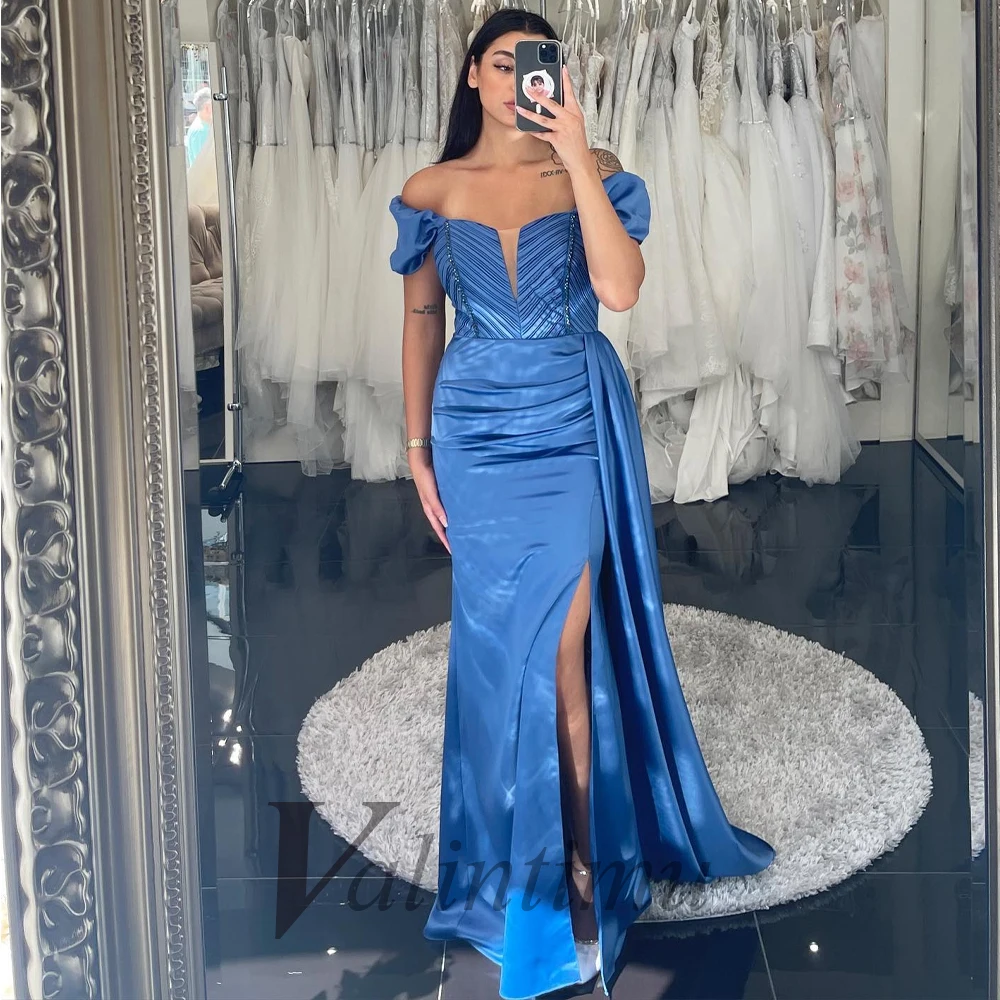 

Satin Neon Blue Beading Off The Shoulder Sexy V-Neck Luxury Celebrity Gown Evening Dress Side Slit Custom Made Vestido De Fiesta