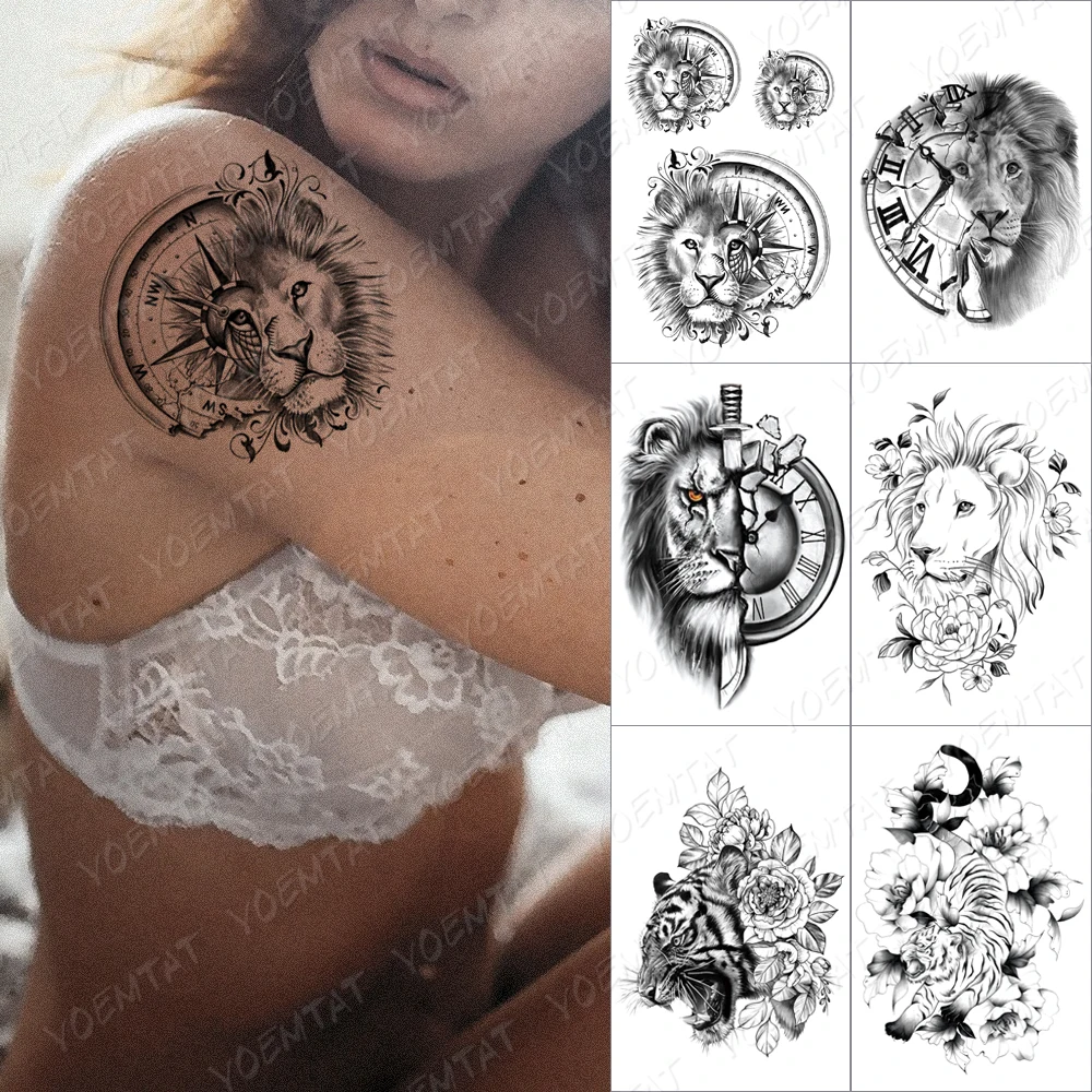 

Lion Tiger Waterproof Temporary Tattoo Sticker Peony Form Black Animal Glitter Body Art Fake Tato Men Women Transfer Tattoos