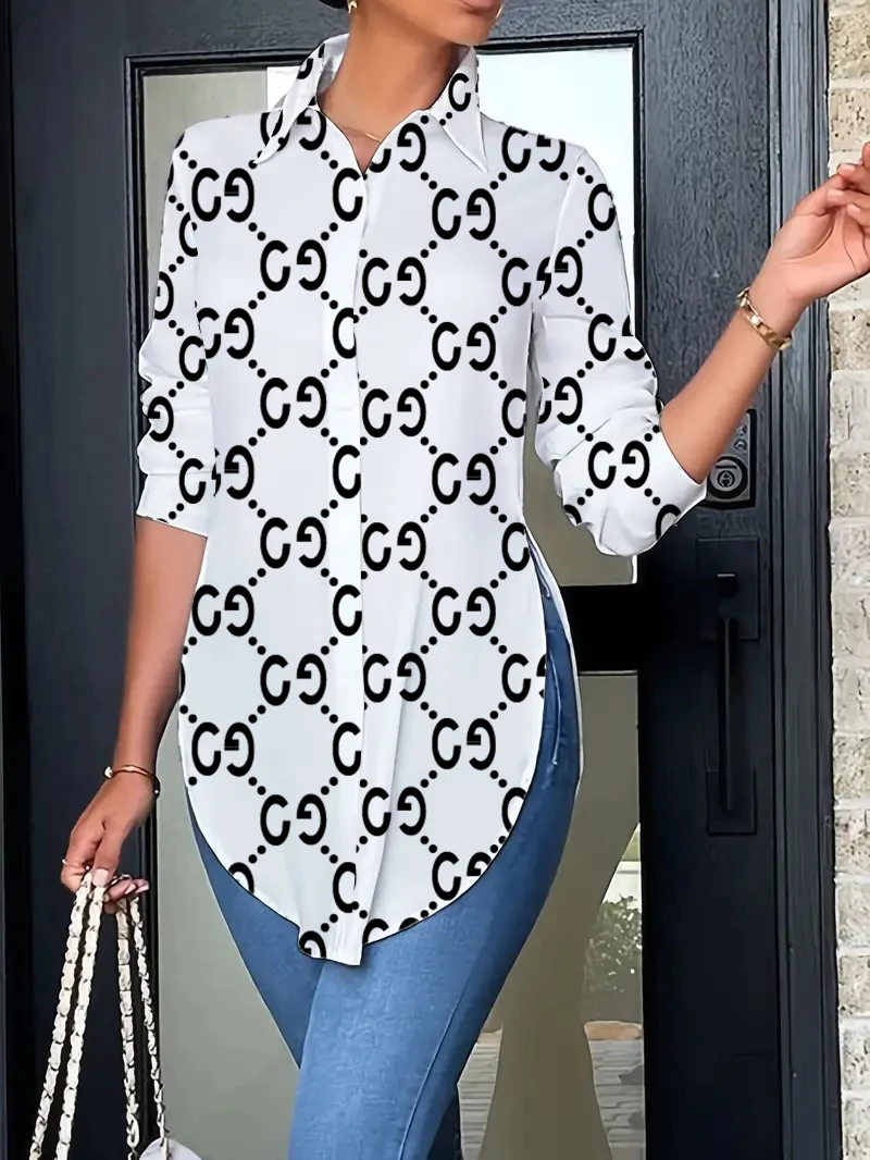 

Letter Print Shirts &Blouses Women 2024 Autumn Long Sleeve Single Breasted Slim Top Women Fashion Split Long Shirt Tops Female