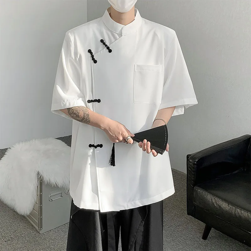 

Японская Мужская рубашка Yourqipao с рукавами до локтей, ледяная шелковая рубашка, повседневные топы с круглым ремешком и пряжкой, новая модная трендовая одежда