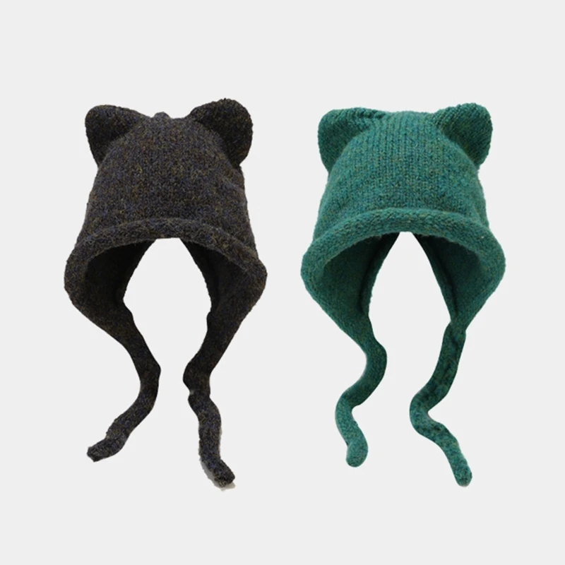 

Unisex Solid Color Crochet Hat Kitten Ear Shape Hat Warm Fluffy Winter Crochet Warm Skiing Supplies for Adult Teens