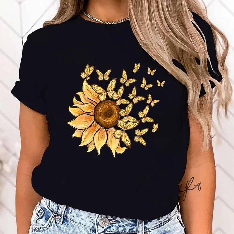 

(Premium T-shirt)New Sunflower Butterfly Letter Print T-Shirt Women'S Fashion Casual Summer Cool Shirs Female Sunflower tops