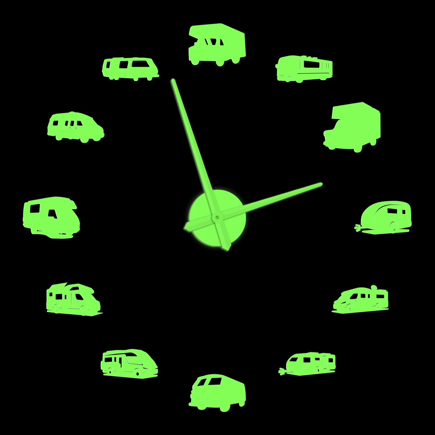 Camper Bus Motorhome Giant DIY Sticker Wall Clock For Bedroom RV Camping Frameless Easy to Read Modern Design Clock Glow In Dark