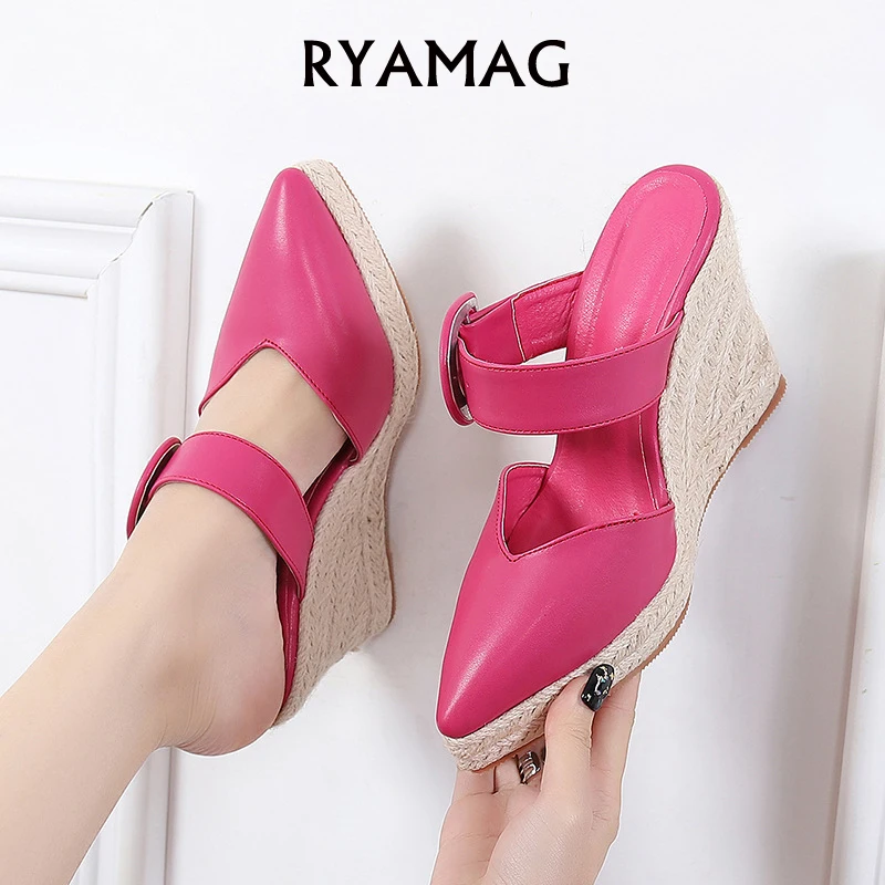 RYAMAG Wedge Slippers Heel Thick Bottom New Summer Buckle Women's Shoes High Straw Woven Hemp Rope Sole Large Size |