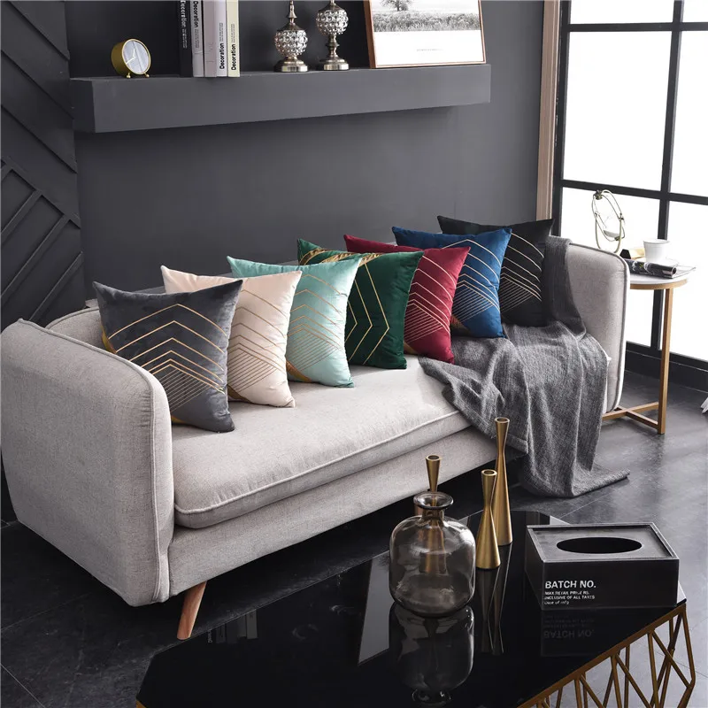 

European Atyle Geometric Triangle Golden Wave Embroidery Cushion Cover 45x45cm Sofa Living Room Bedroom Home Decor Pillow Case