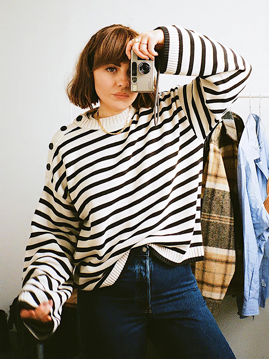 

Retro Striped Sweater Winter Women Long Sleeve Shoulder Buttons Loose Knitted Pullover Elegant Vinatge Female Sweaters Jumper