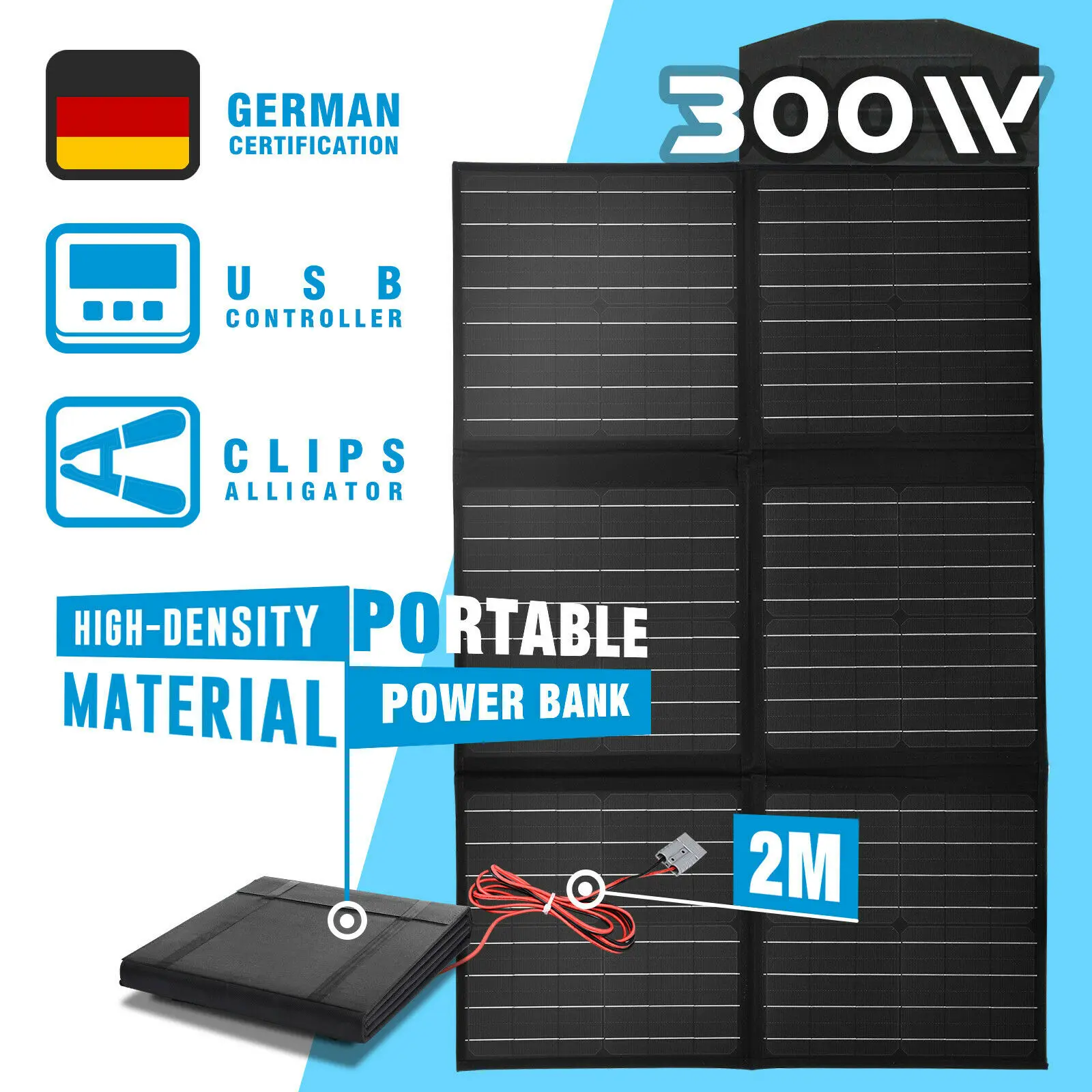 

300W 12V Folding Solar Mat Black Silicon Blanket Solar Panel Kit Camping Charger