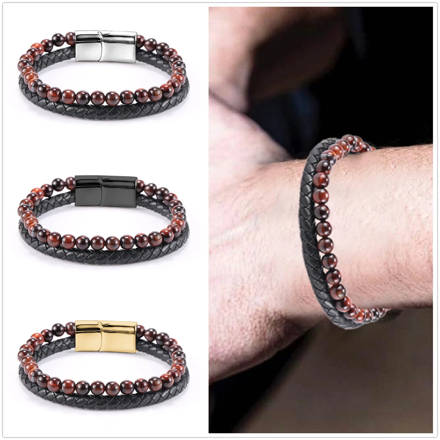 

Мужской плетеный кожаный браслет с натуральным камнем, 6 мм