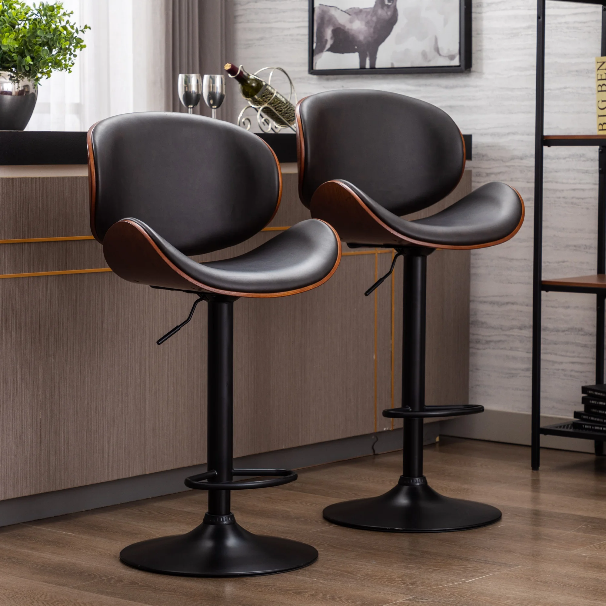 2pcs Bentwood Adjustable  Bar Stools Upholstered Swivel Barstool Dining Bar Chairs Mix Color Pu Leather Barstools Furniture