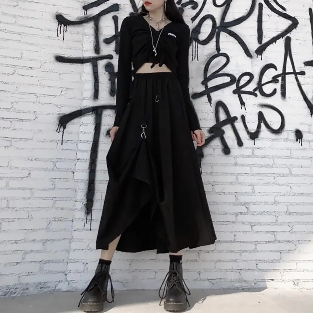 Женская юбка с завышенной талией свободная черная длинная юбка-трапеция средней