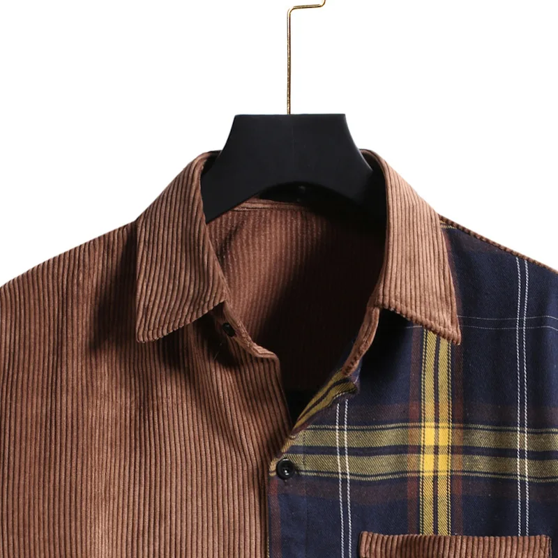 Men's Corduroy Long Sleeve Shirt Autumn and Winter New Plaid Color Matching Blouse Men Cotton Casual Square Collar Top S-2XL