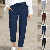 womens cotton linen pants elastic waist ankle pants loose harem trousers summer fashion drawstring leisure fitness streetwear