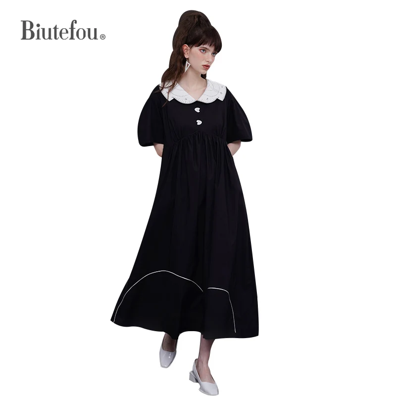 

2022 Summer Women Mathematical Illustration Hand Drawn Embroidery Doll Collar Chiffon Dress