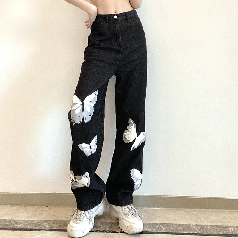

Butterfly Print Black Denim Pants Women Vogue Jeans For Girls NiceVintage High Waisted Trouser Female Vogues Streetwear