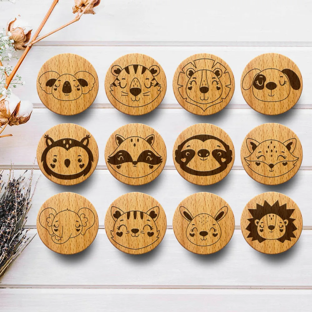 

New Engraved Cute Animal Wooden Drawer Knob Boho Nursery Cabinet Pulls Nature Wood Clothes Wall Hangings Hooks Furniture Handles