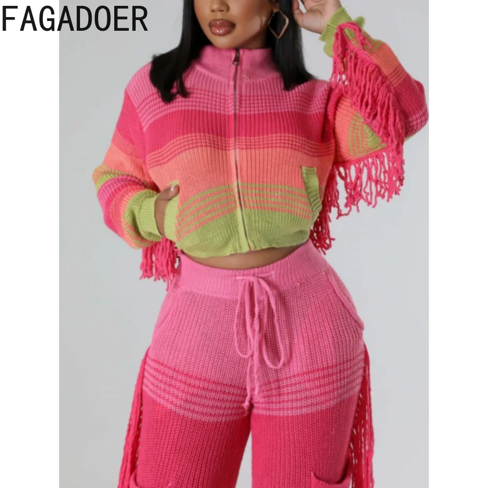 

FAGADOER Autumn Winter Casual Sweater Knitting Color Patchwork Two Piece Sets Women Zip Long Sleeve Tassels Top And Pants Outfit
