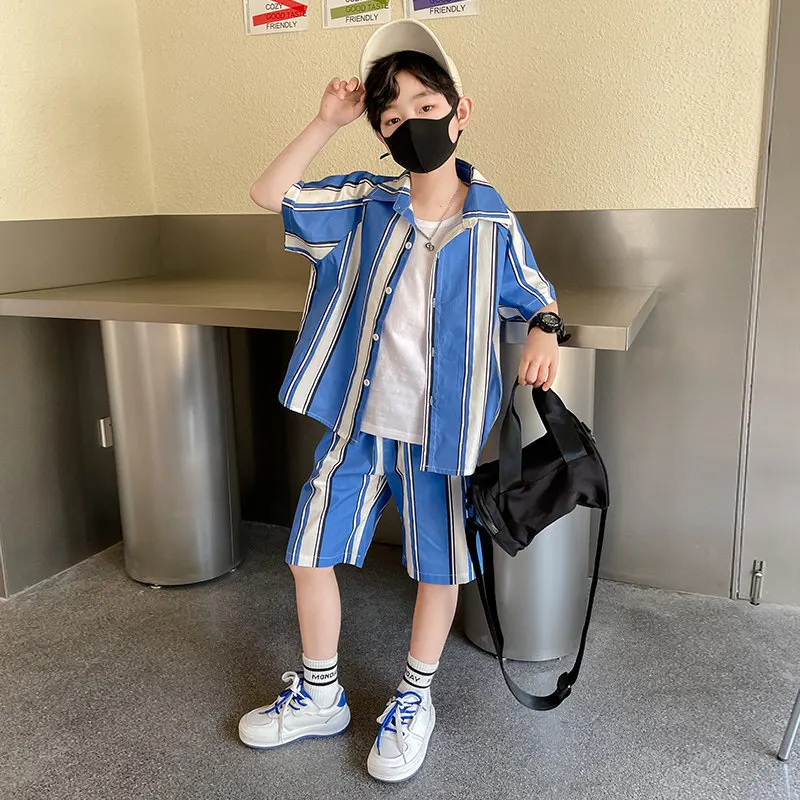 2022 Summer Children's Wide Stripe Clothing Set 3 Pieces Suit For Boys Shirt T-shirt And Shorts 3PCS Outfits For Kids Teenagers