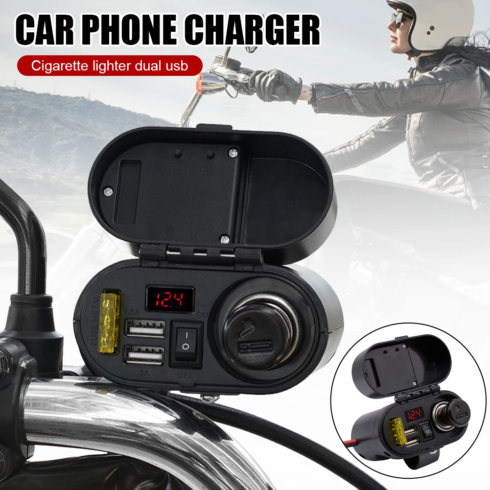 

Motorcycle USB Charger 3A Dual USB Waterproof Cover Charger Adapter with Voltmeter On/Off Switch Time Clock Phone Tablet Charger