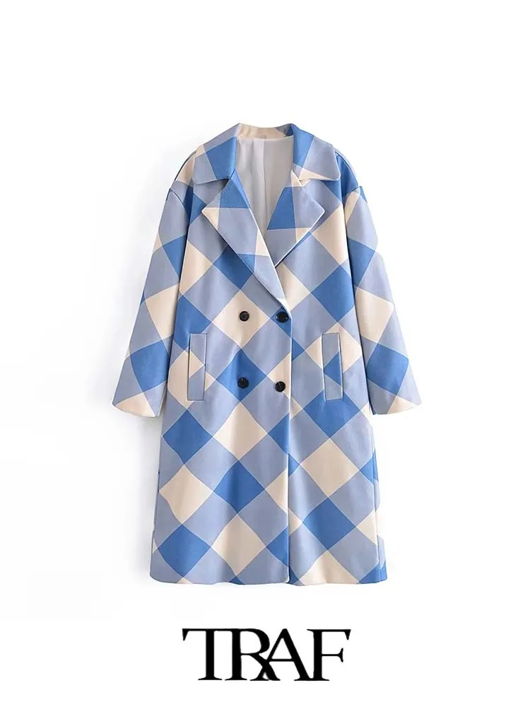 

TRAF 2022 Overcoat Women Fashion Leisure New Blue Plaid Casual Long Coat Long Sleeve Female Outerwe