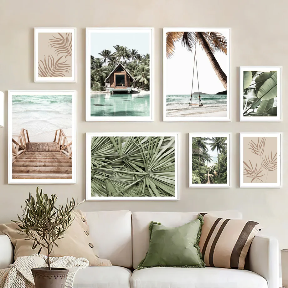 

Island Getaway Beach Wave Palm Banana Leaves Swing Wall Art Print Canvas Painting Nordic Poster Decor Pictures For Living Room