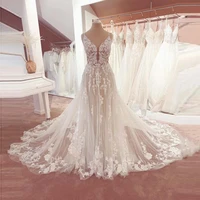 pretty sheer white lace wedding dress 2022 vestido spaghetti straps chapel train tulle bridal robe a line illusion prom gowns