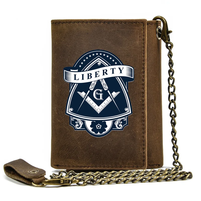 

Genuine Leather Men Wallet Anti Theft Hasp With Iron Chain Freemasonry Liberty Cover Card Holder Rfid Short Purse BT3678