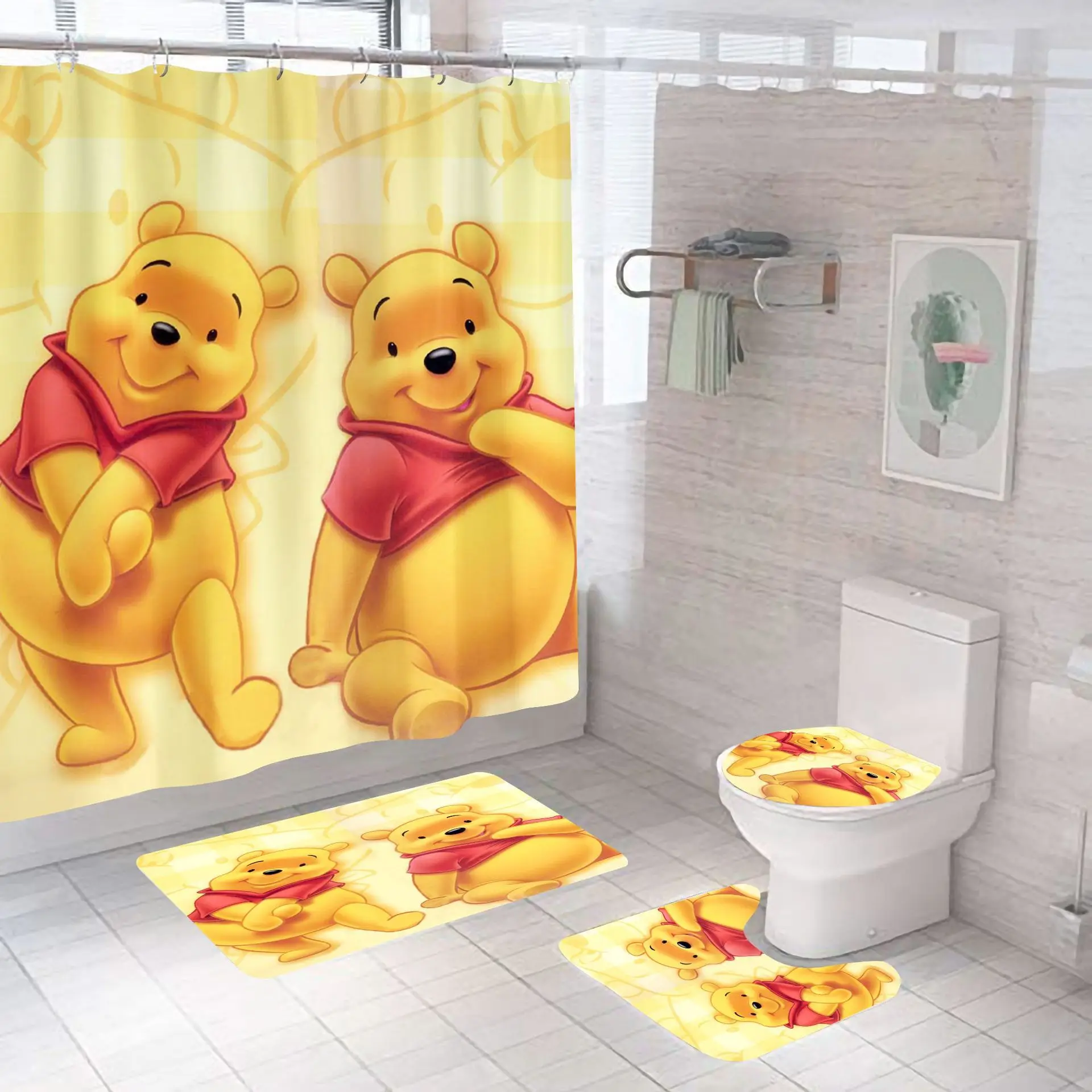 

4pcs/set 3D Cartoon Bear Animation Waterproof Shower Curtain Shower Curtain Bathroom PolyesterGirl Goy