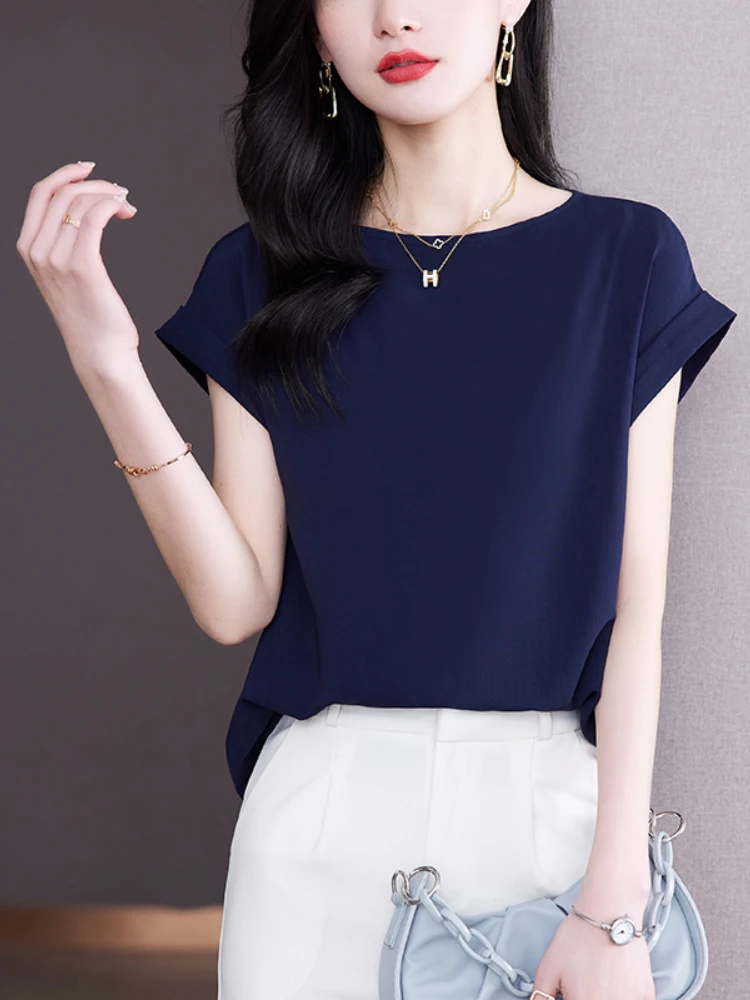 

Silk Blouse for Women Short sleeve Womens Tops Loose Casual Blouse Cotton Summer Women's Clothing Solid OL Elegant Women Blouse