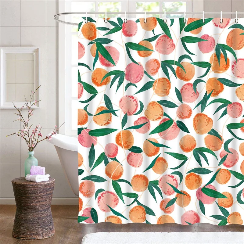 

Fruit Showers Curtain Liner Peach Lemon Strawberry Orange Papaya Print Fabric Shower Curtains Cute Bright Colorful Design Hook