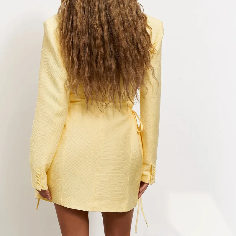 Fashion Lapel Tie Double-breasted Long-sleeved Shoulder Pads Dress Casual Ladies Fashion Elegant Waist Chic Suit Short Skirt