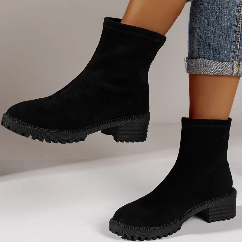 

Shoes for Women 2023 Hot Sale Slip on Women's Boots Winter Round Toe Solid Flock Concise Short Barrel Chunky Heels Fashion Boots