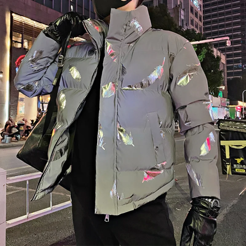 2022 Winter Reflective Print Men Puffer Parkas Thickened Warm Jackets Hiphop Overcoat Casual Social Windproof Coat Men Clothing