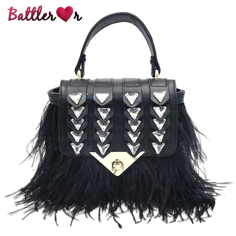 

Luxury Real Ostrich Feathers Handbag Pearl Tassel Evening Bags Women's Pouch Purse Pink Green Diamond Clutch Party Messenger Bag