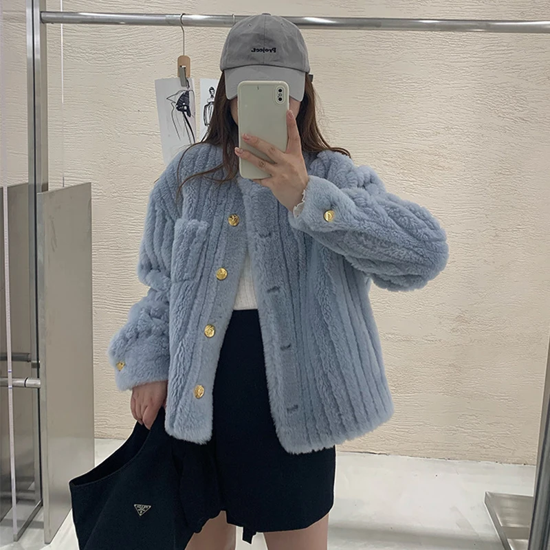 2023 New Autumn Winter Sheep Shearling Fur Coat For Women Real Fur Jacket 100% Wool Overcoat Korean Fashion Female Slim