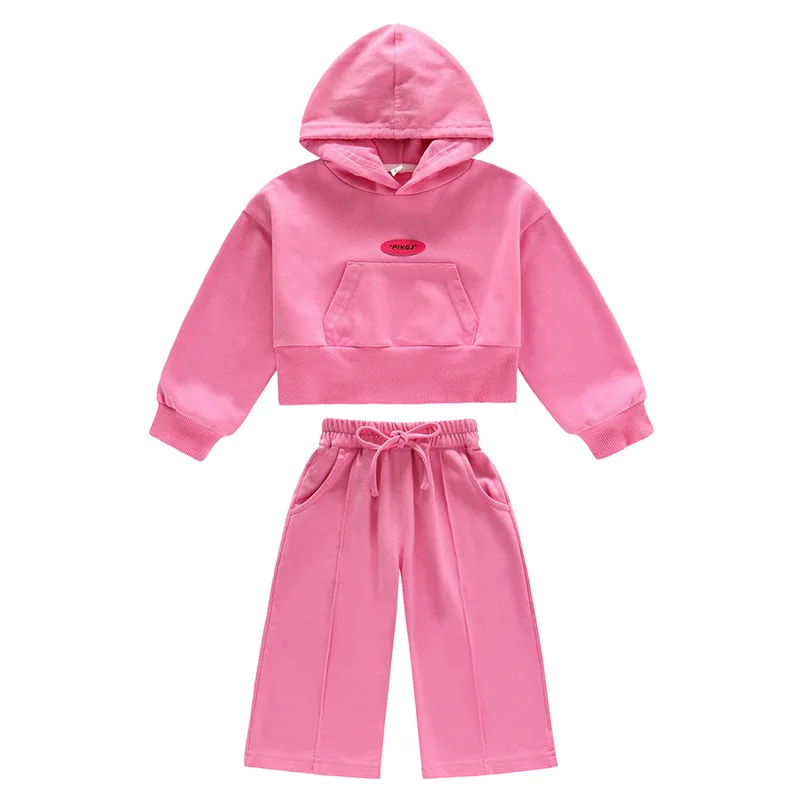 

Детская одежда, комплект одежды для девочек, хлопковая верхняя одежда, осень-весна, новинка, детская модная куртка с капюшоном и широкие штаны, комплект из двух предметов