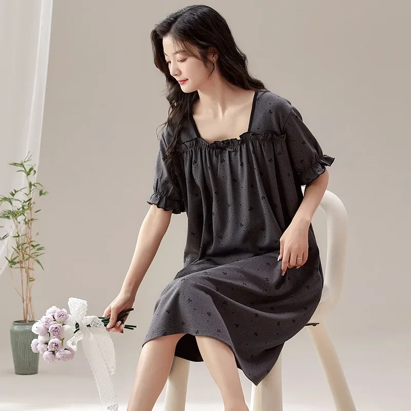 Женское летнее хлопковое пижамное платье с короткими рукавами и накладкой на