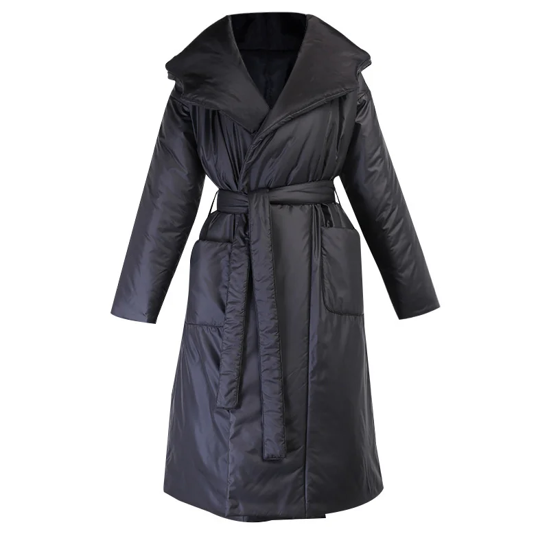 Snow Thickened Coat Hooded Belt Long Cotton Clothes Women's Autumn 2022 Solid Color Cotton Clothes