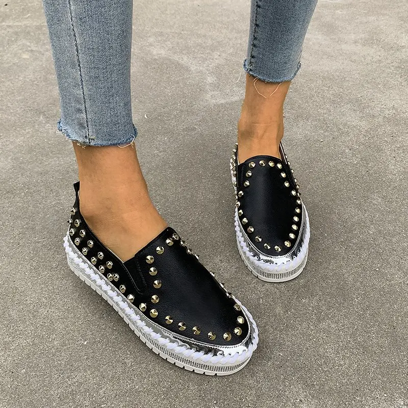 

Apanzu New Women Studded Flats Shoes Casual Comfortable Rivet Loafers Unisex Shoes Spikes Studded Slip on Big Size 41 42 43