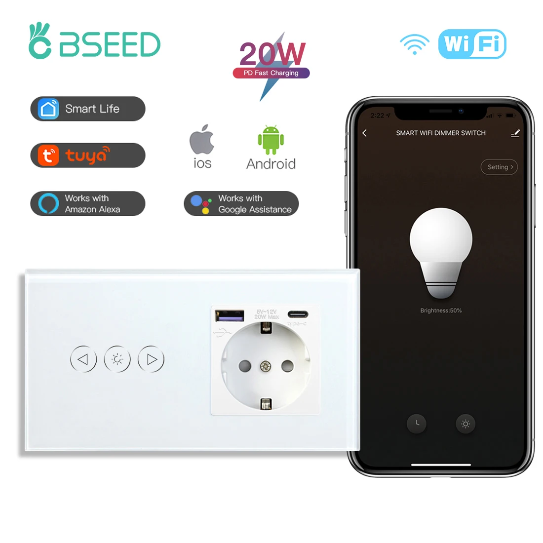 

BSEED Умные сенсорные выключатели Wi-Fi 1 Gang белые