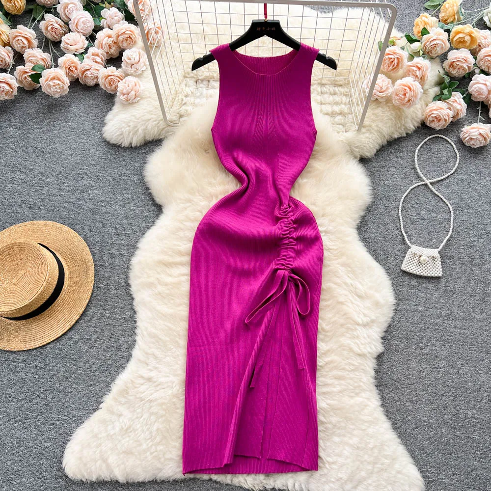 

Sleeveless Drawstring Split Knit Dress Sexy Party Elegant Vestidos Korean Fashion Chic Summer Elastic Vacaton Slim Women Dress