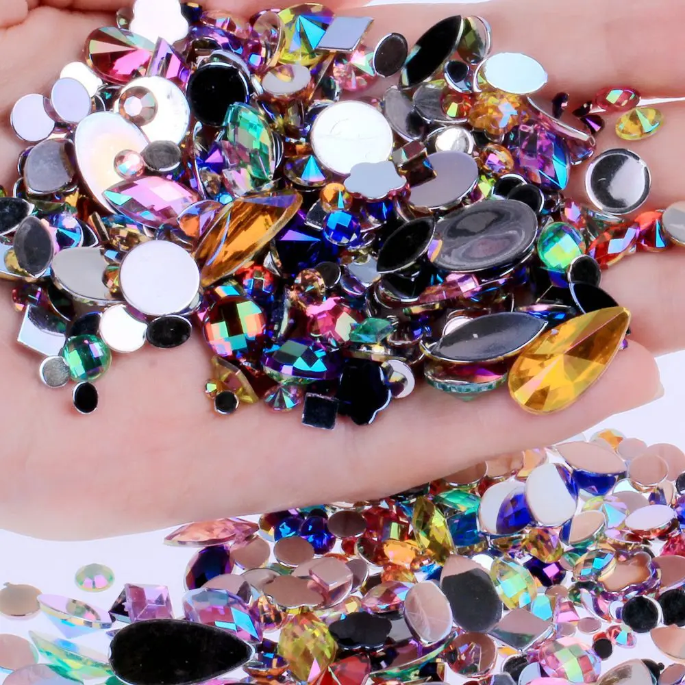 

600pcs Mixed Shape AB Rhinestone Bead Resin Flat Back For Sewing Dress Garment Bag Shoe Headwear Phone Case Nail Art Decorate