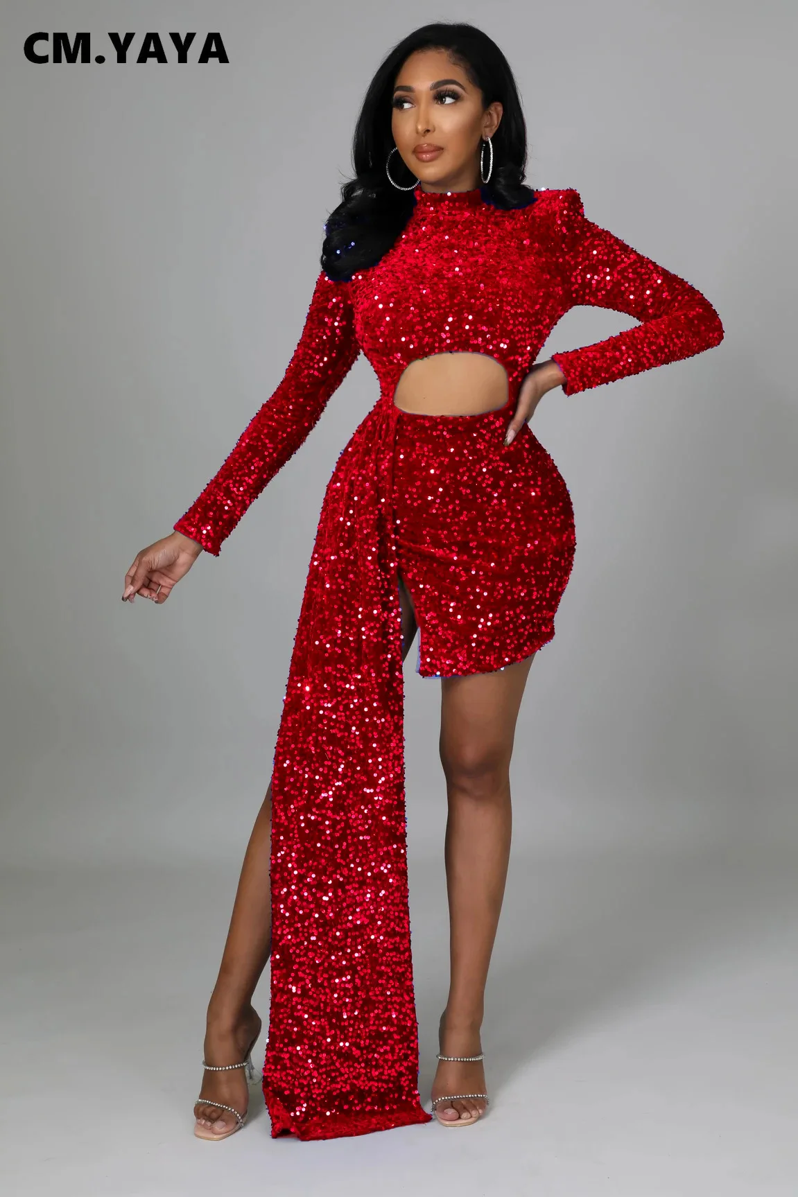 Женское платье-миди с длинным рукавом разрезом и блестками | Женская одежда