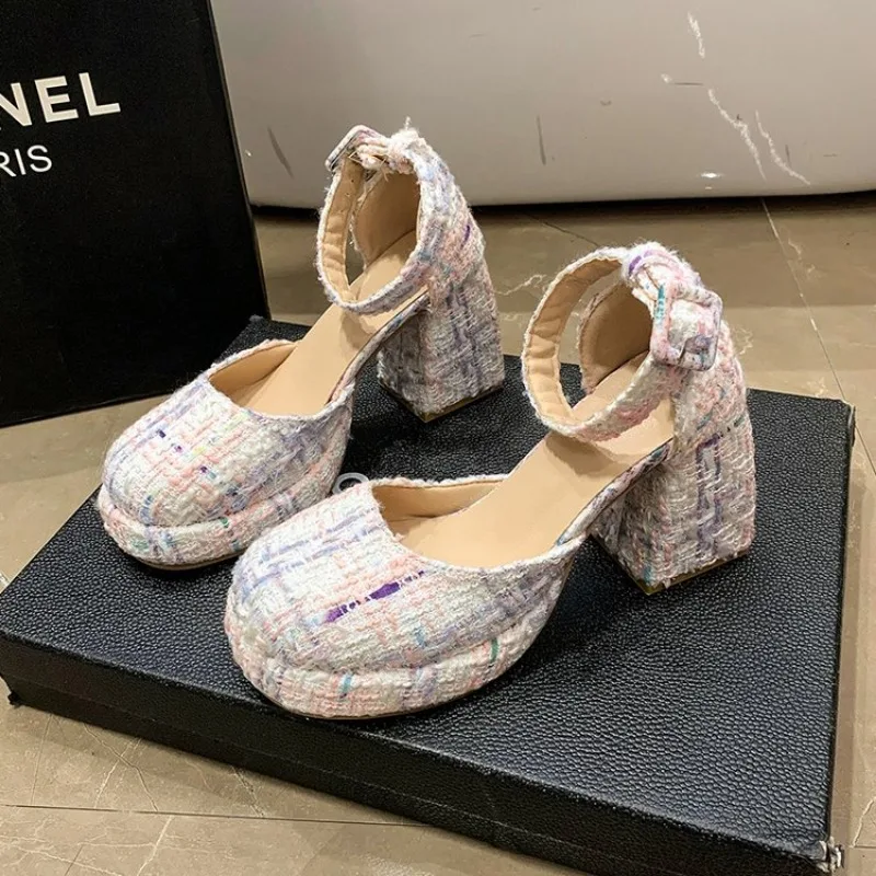 

Туфли-лодочки женские на толстом каблуке, кружевные, с бантом, жемчужинами, на платформе, джинсовые Туфли Мэри, квадратный носок, высокий каблук