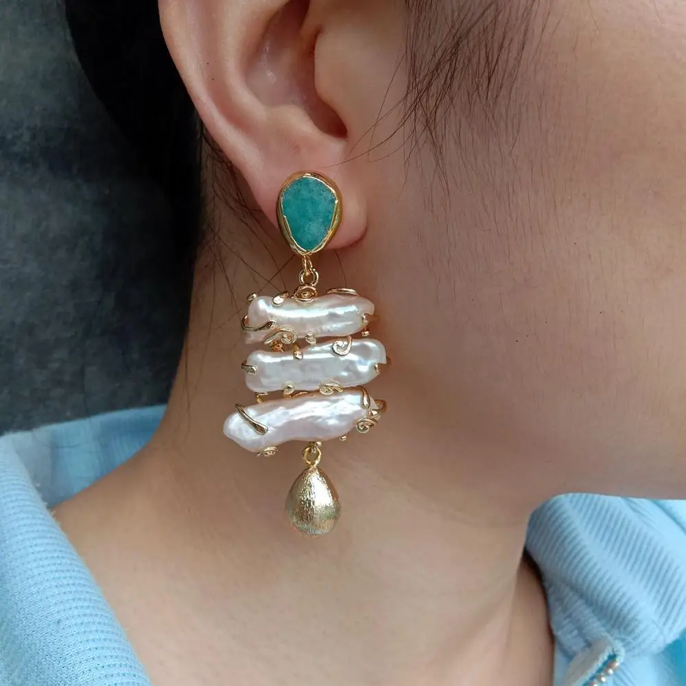 Серьги-гвоздики KAKAIBAGEMS из розового жемчуга и амазонита
